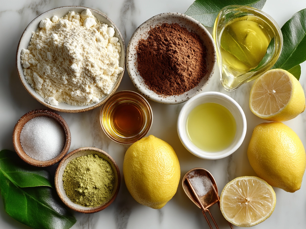 Top down view of raw ingredients for Limoncello Tiramisu on marble surface
