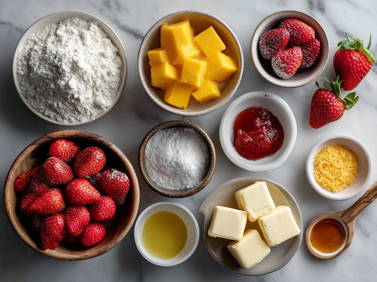 Raw ingredients for Mango Strawberry Cupcakes laid out on marble counter