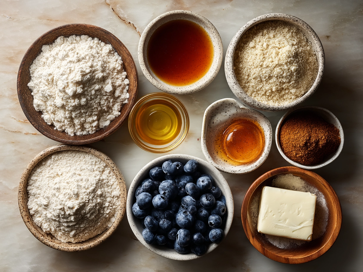 Top down view of raw ingredients for Maple Blueberry Sourdough Donut Holes on a marble surface