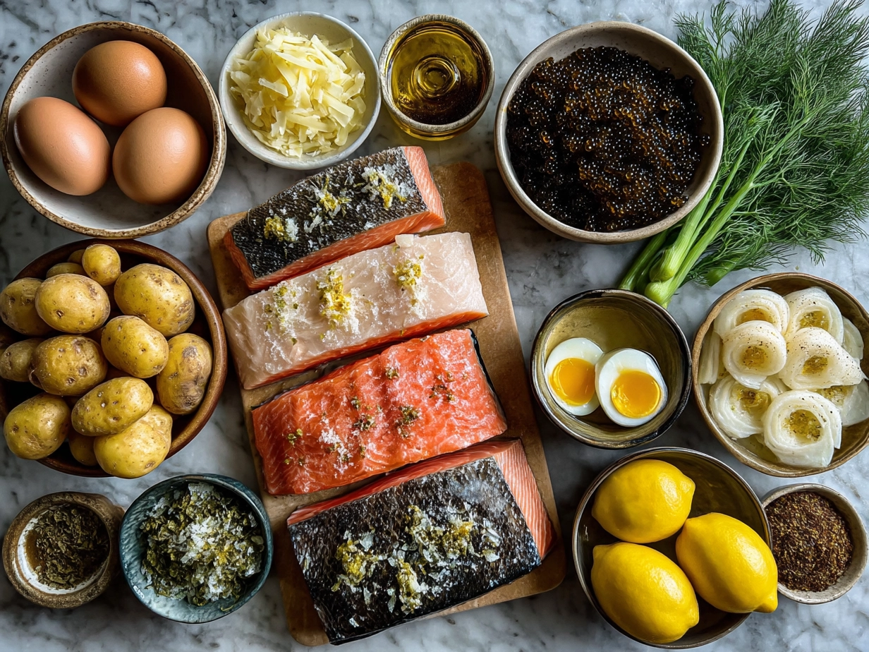 Top-down view of raw ingredients for Nova Scotia Seafood Chowder laid out on marble surface