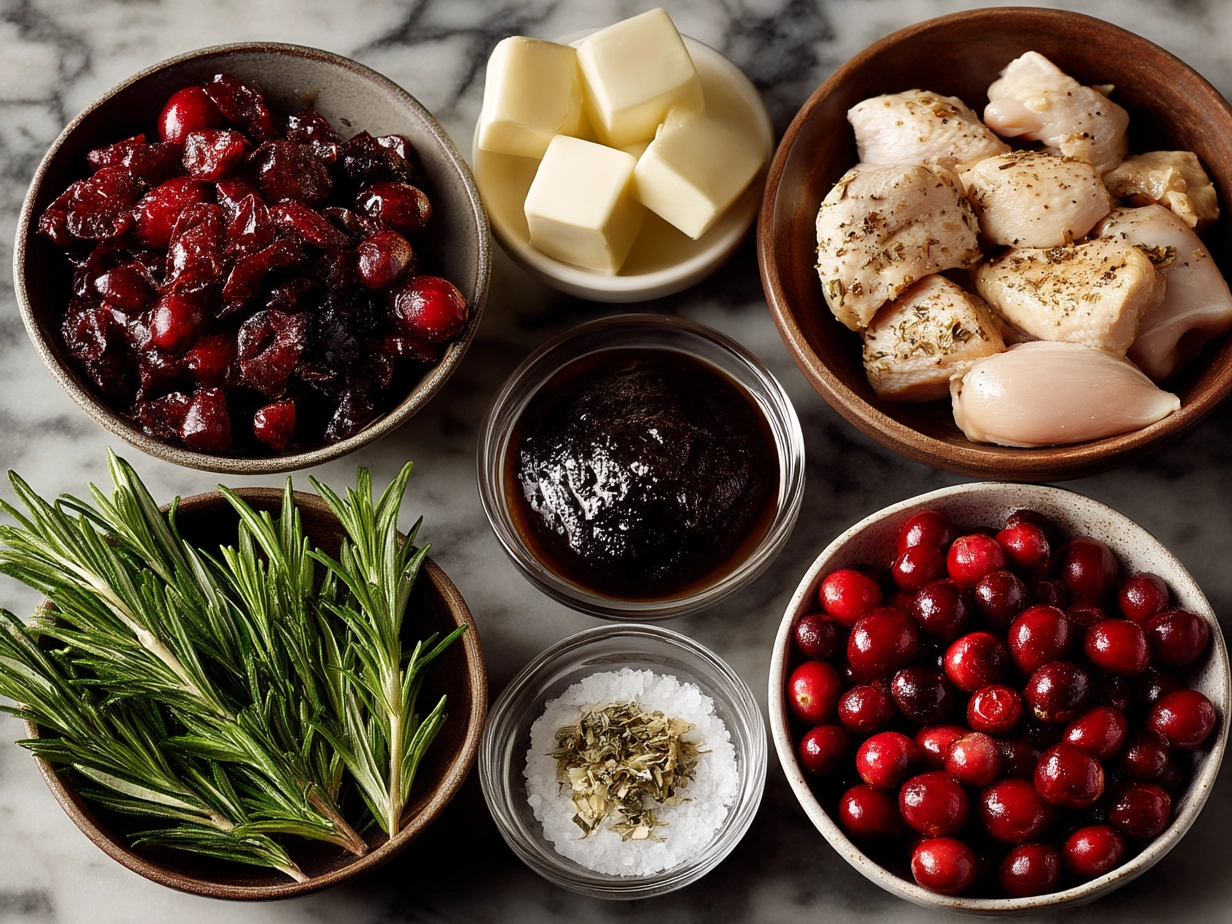 Top down view of raw ingredients for One-Pan Cranberry Rosemary Chicken showing chicken thighs, cranberries, rosemary, garlic, honey, and olive oil