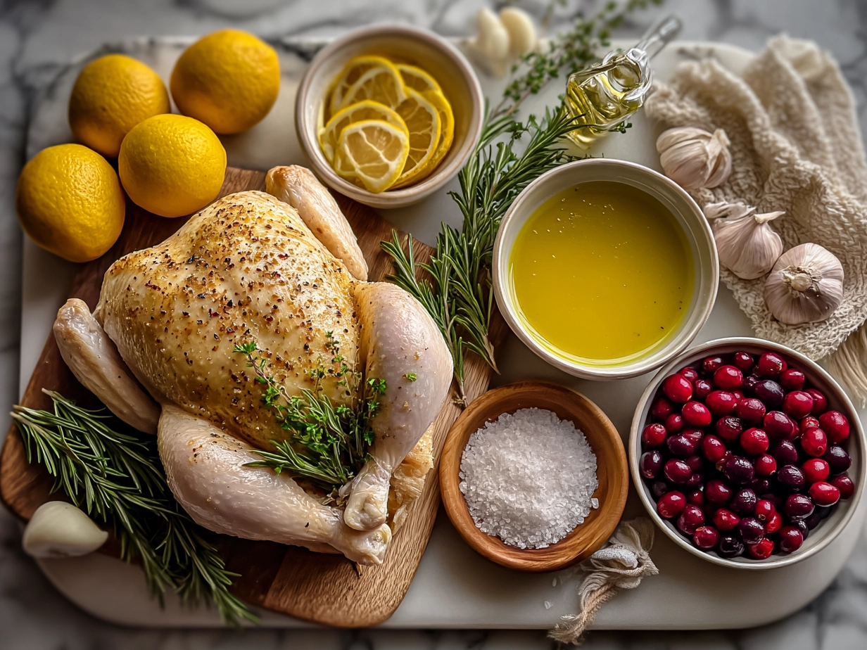 Top-down view of raw ingredients for orange rosemary roasted chicken on marble surface
