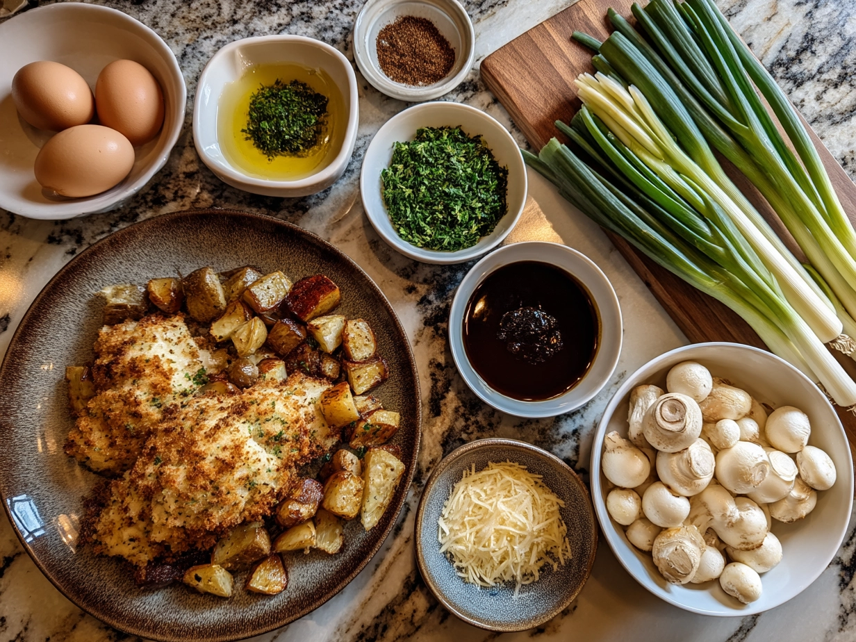 Raw ingredients for Parmesan Crusted Chicken Sheet Pan on marble countertop