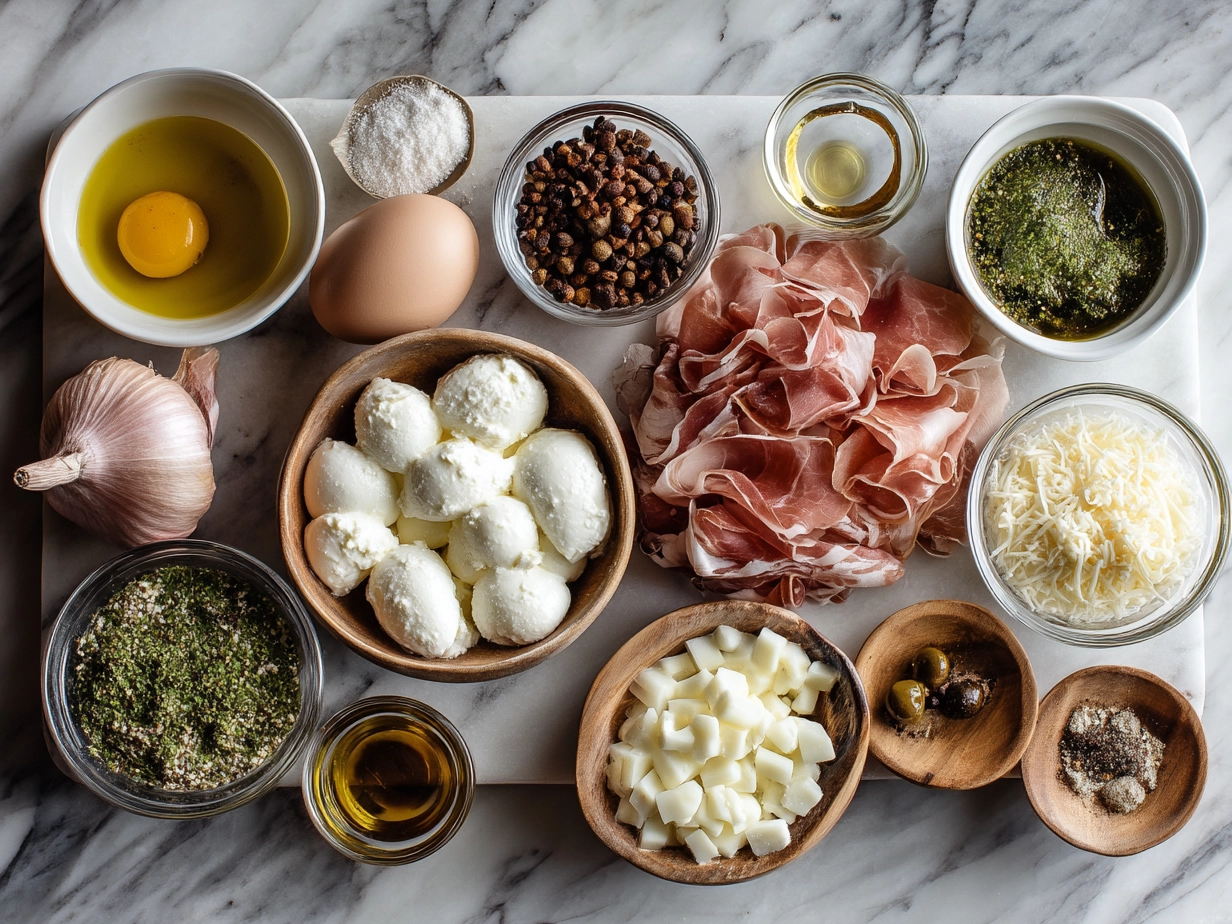 Top down raw ingredients for Prosciutto Wrapped Mozzarella Bites including fresh mozzarella balls, thinly sliced prosciutto, olive oil, basil leaves, and toothpicks