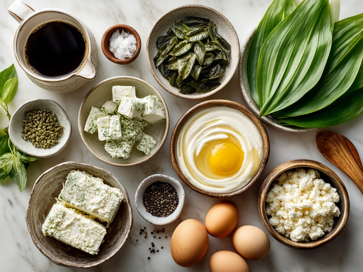 Top down view of raw ingredients for Rajas con Crema including poblano peppers, onion, crema and spices