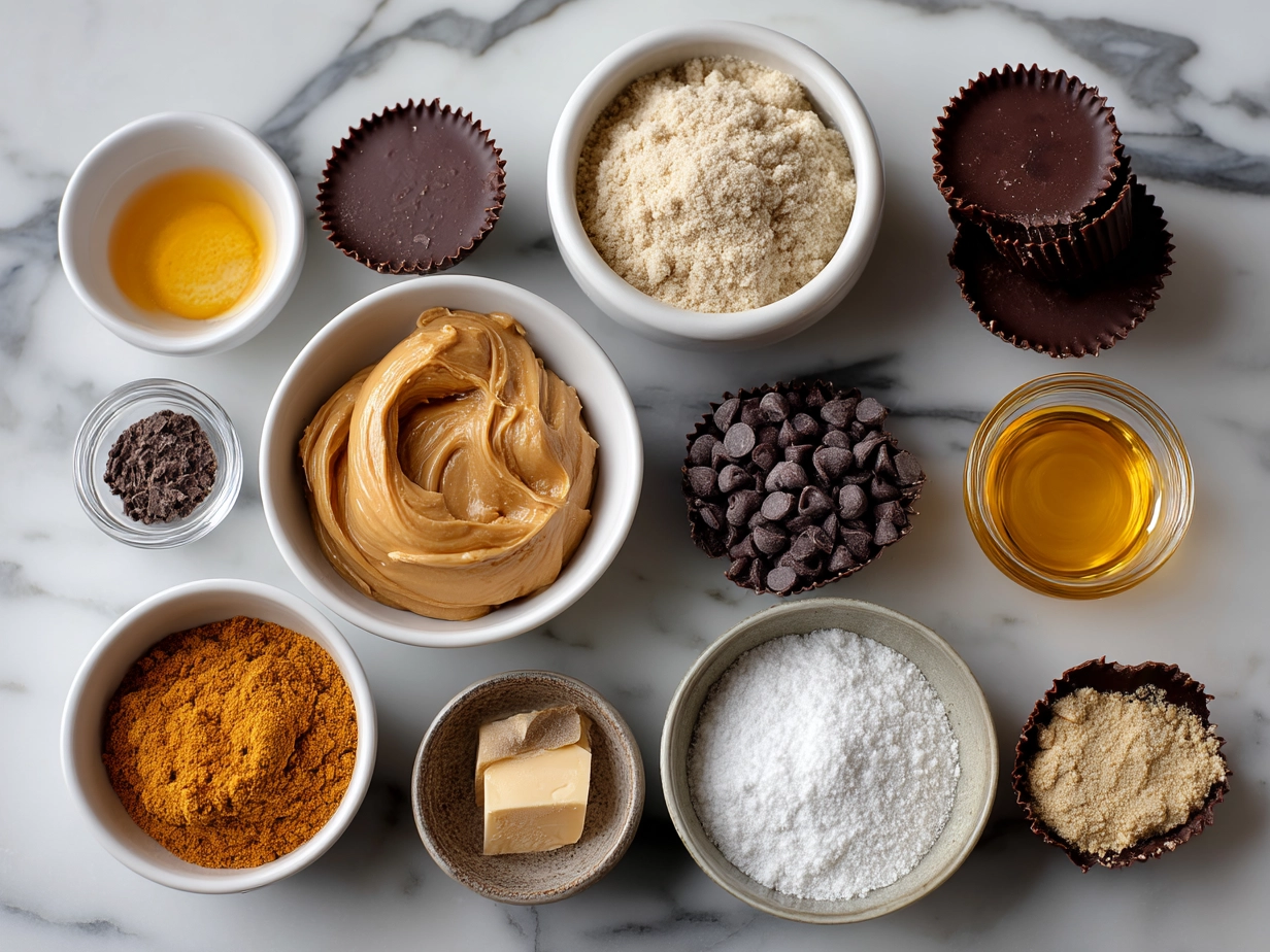 Ingredients for homemade Reeses Peanut Butter Cups including peanut butter, chocolate chips, butter, powdered sugar, and vanilla extract