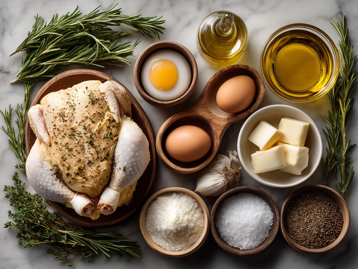 Top down shot of raw ingredients for roasted chicken on marble surface