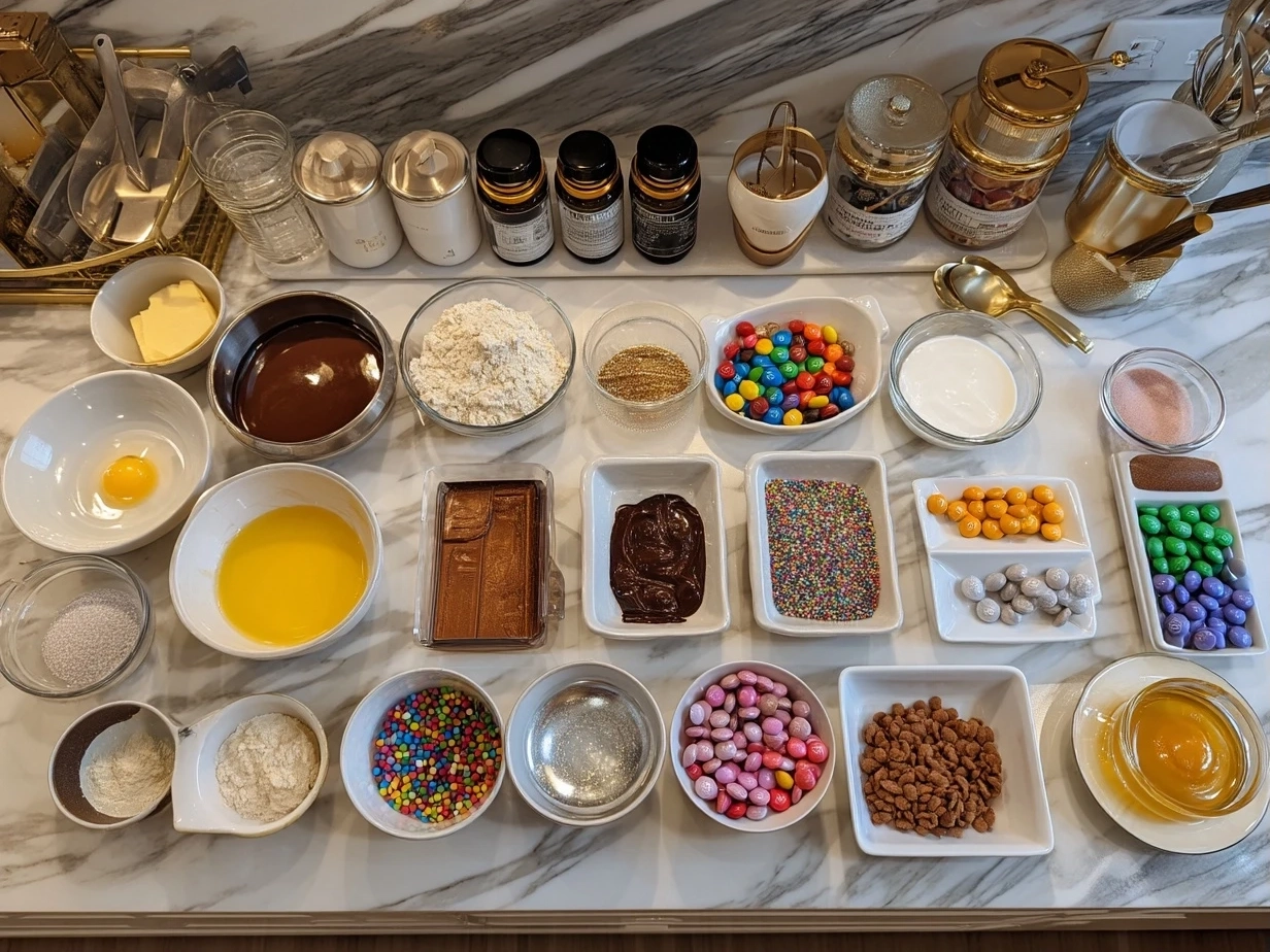 Mini pretzels, Rolo candies, and M&M candies laid out for Rolo Pretzels with mm candies recipe