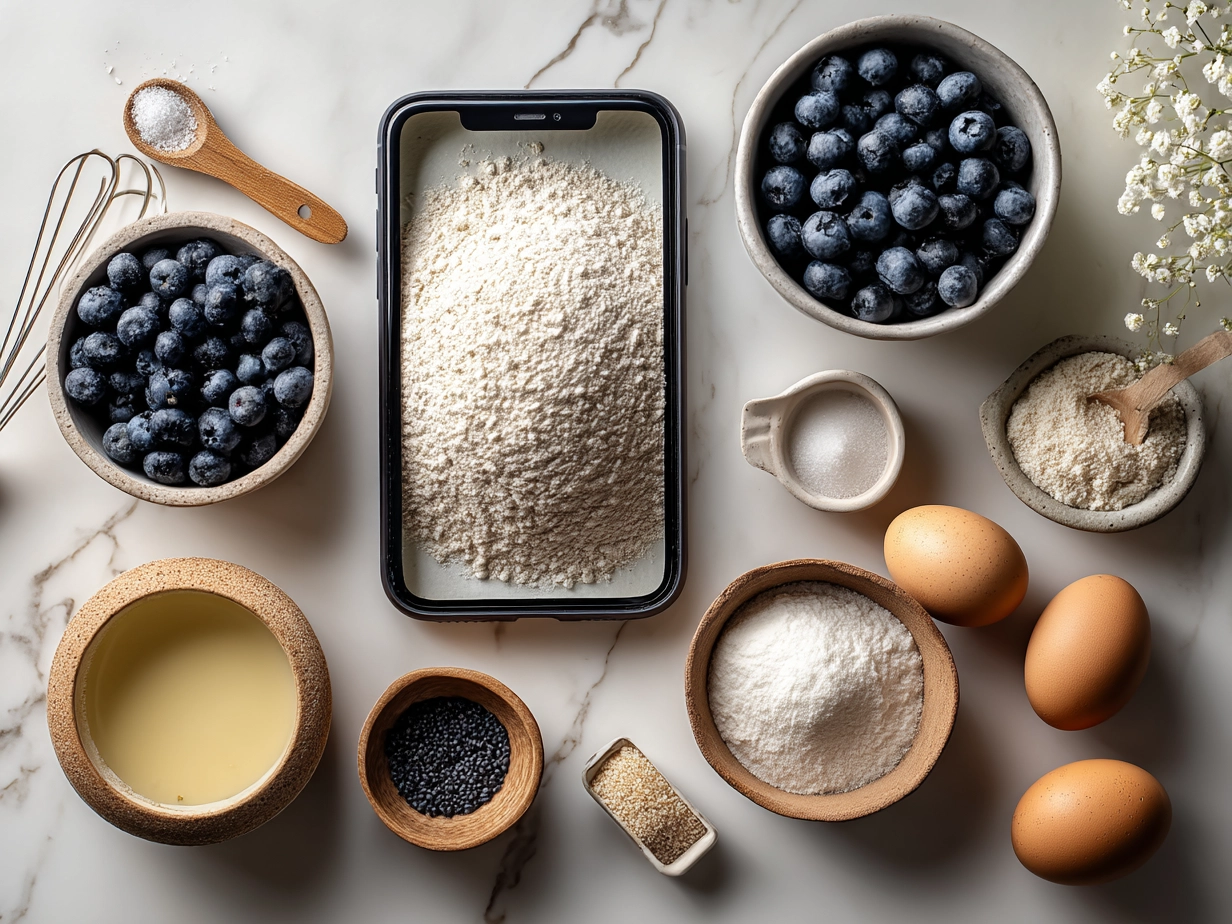 Top-down view of raw ingredients for sourdough blueberry bagels on a marble surface