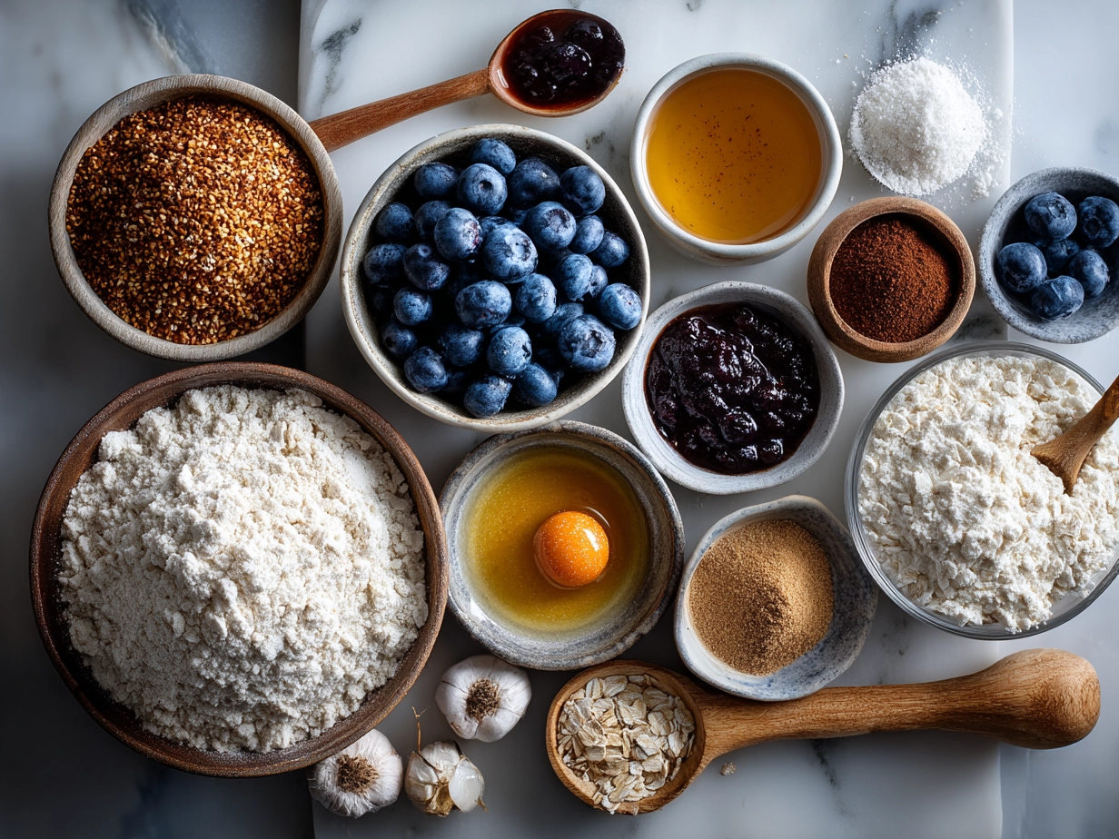 Top down view of raw ingredients for sourdough blueberry breakfast bars arranged in bowls and measuring cups