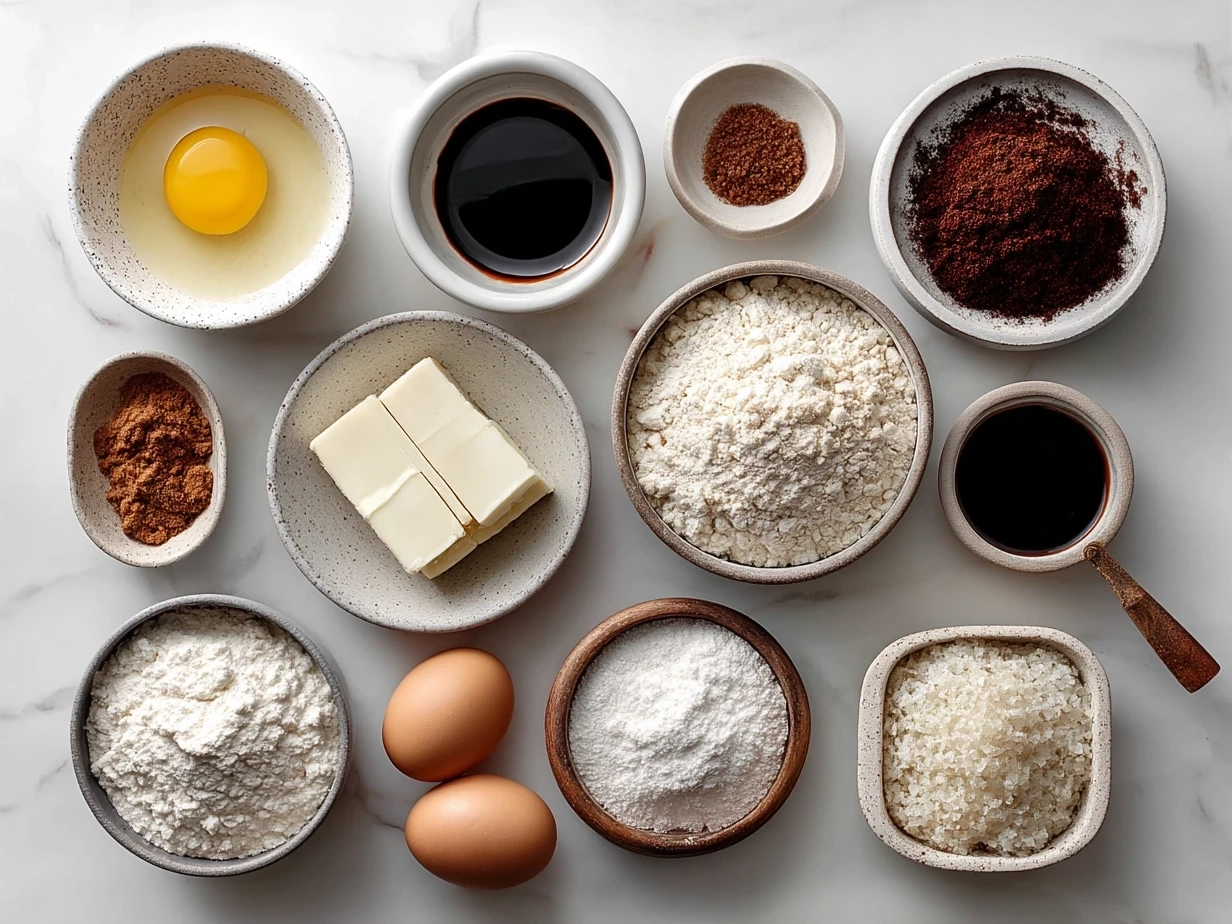Top down view of raw ingredients laid out for sourdough coffee cake muffins including flour, cinnamon, sugar and butter