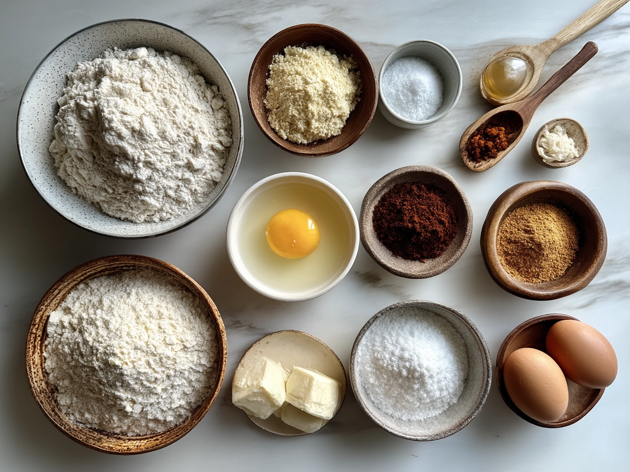 Raw ingredients for Sourdough Discard English Muffins arranged on a kitchen counter