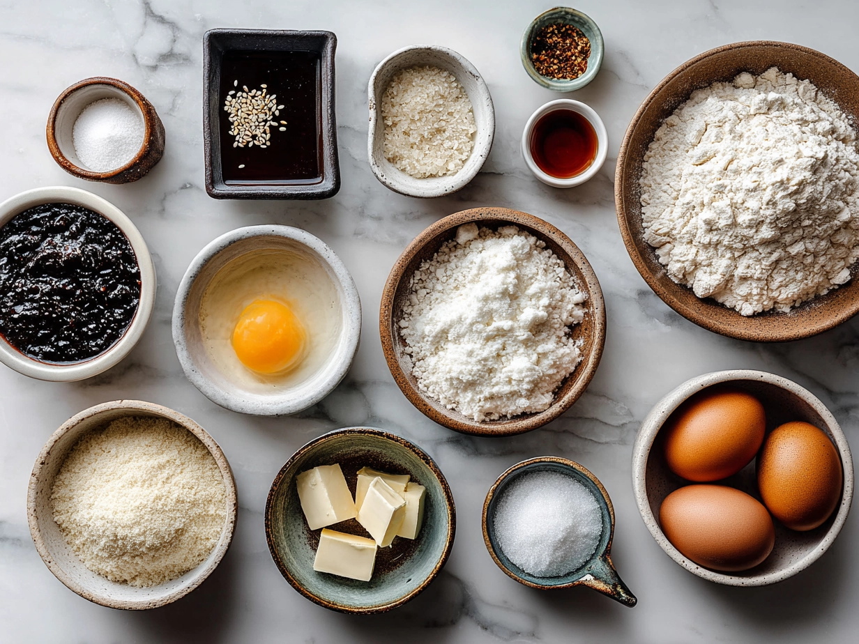 Top down view of raw ingredients for sourdough discard sugar donuts on a marble surface, neatly arranged with flour, eggs, sugar, and spices.