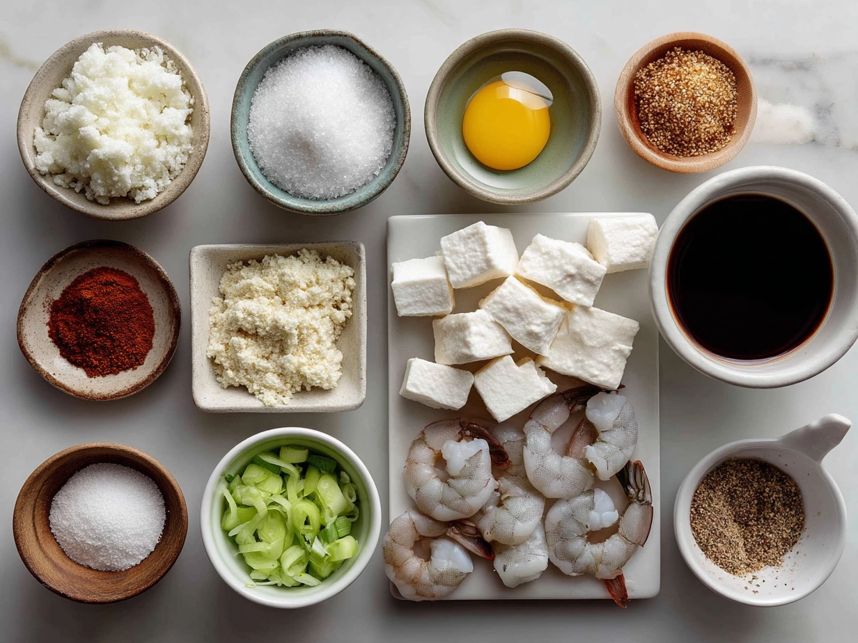Top down image of raw ingredients for spicy shrimp sushi stacks including shrimp, avocado, cucumber, rice, and spicy mayo