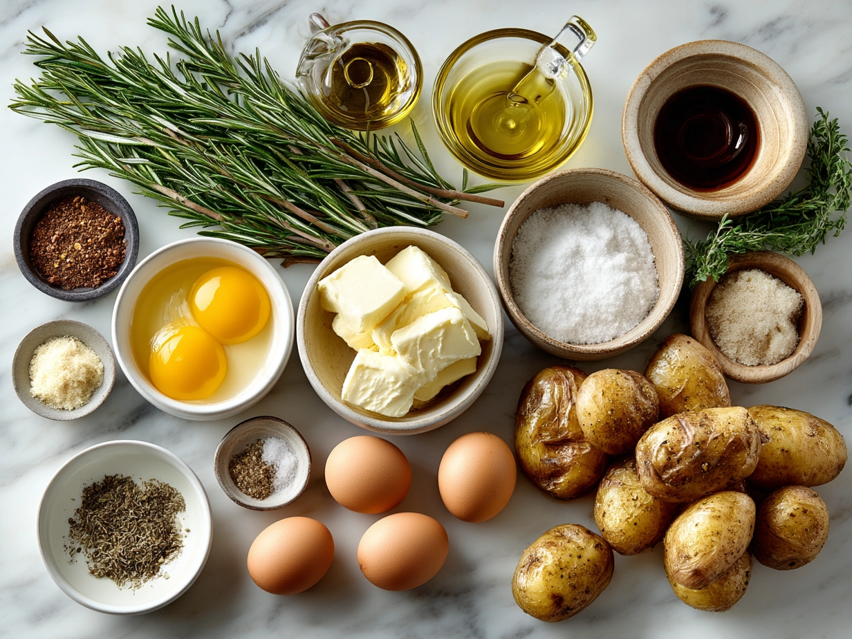 Raw ingredients for Steakhouse Potatoes Romanov including russet potatoes, cheese, sour cream, onions, butter, and garlic