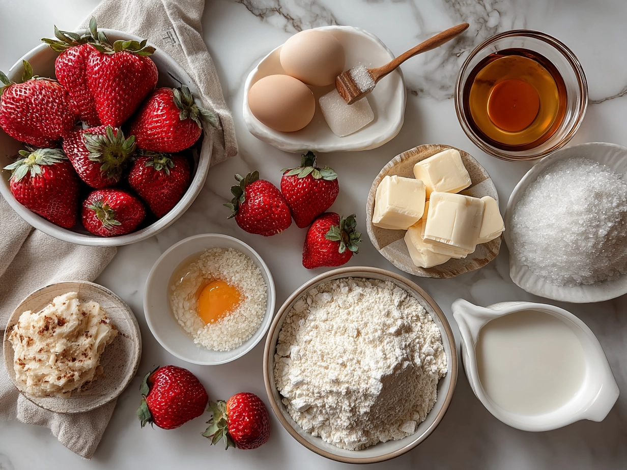 Top down raw ingredients for strawberry cheesecake bars