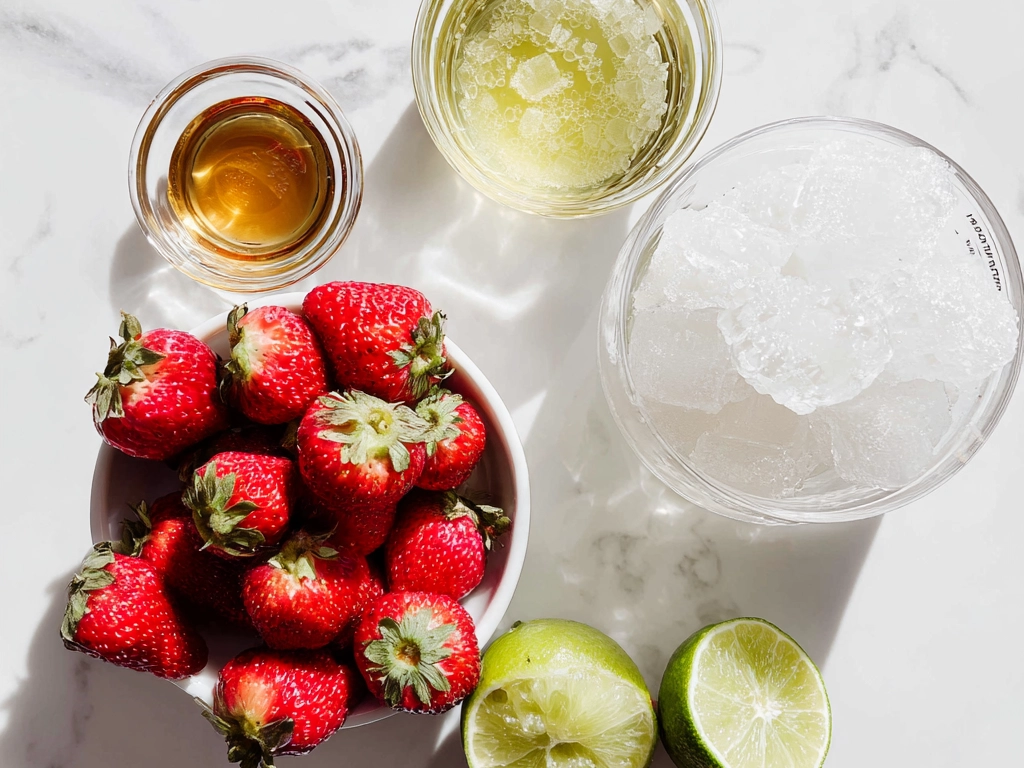 Top-down view of raw ingredients for strawberry daiquiri on marble countertop with modern kitchen organized mise en place