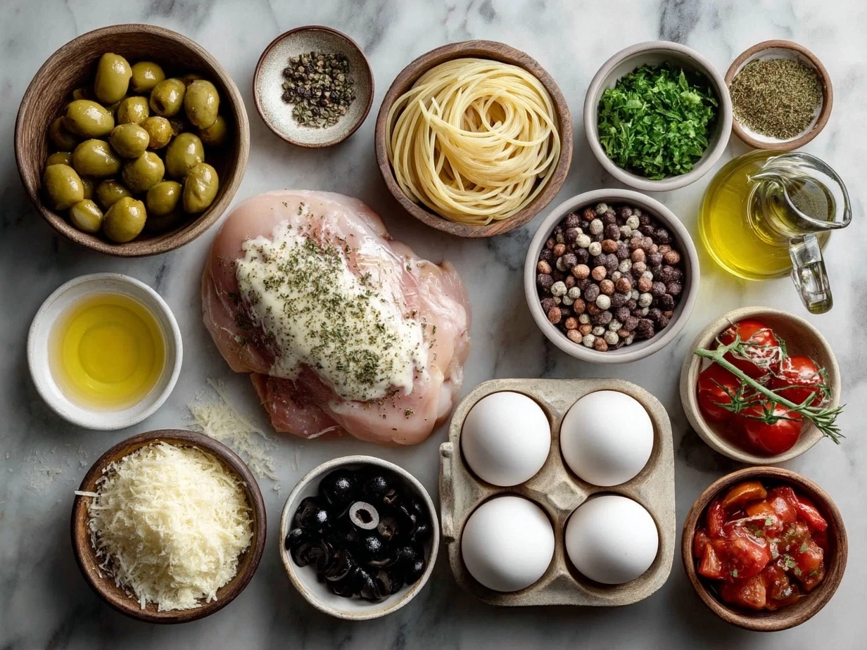 Raw ingredients for Tuscan chicken pasta including chicken, sun-dried tomatoes, spinach, Parmesan cheese, pasta, and heavy cream arranged on marble surface