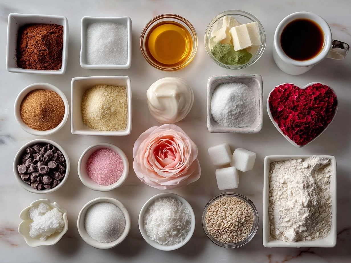 Top down raw ingredients for Valentines Day Sugar Cookies on marble surface