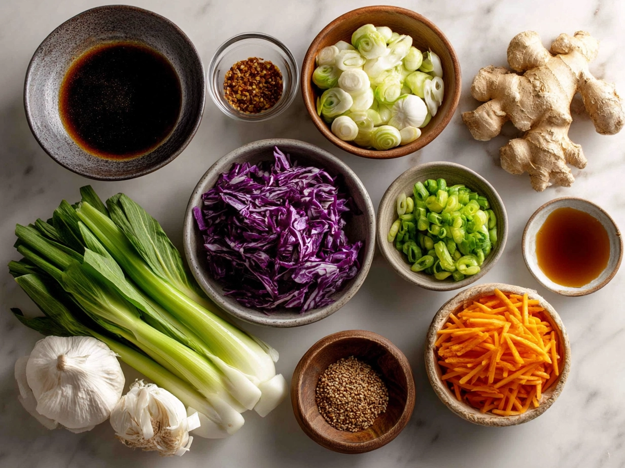 Top-down view of raw ingredients for vegetable stir fry on marble surface