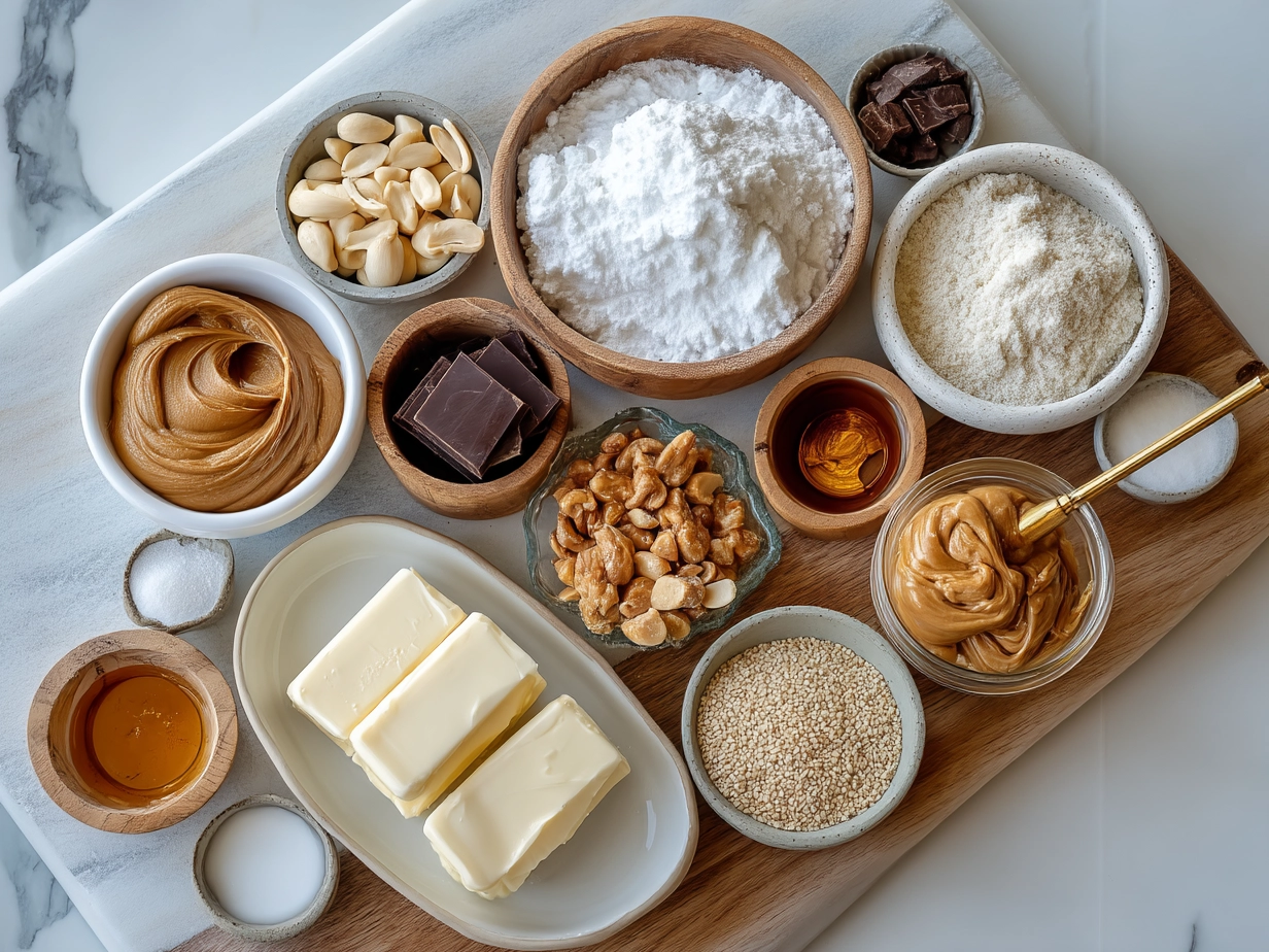 Top-down view of raw ingredients for white chocolate peanut butter cups on marble surface