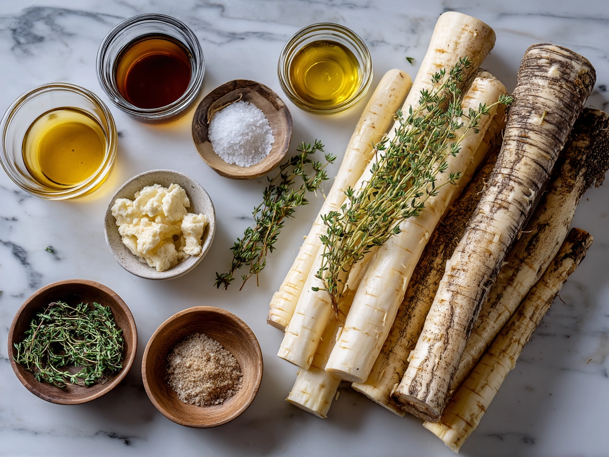 Top down view of ingredients for Maple Roasted Parsnips with Thyme including fresh parsnips and thyme