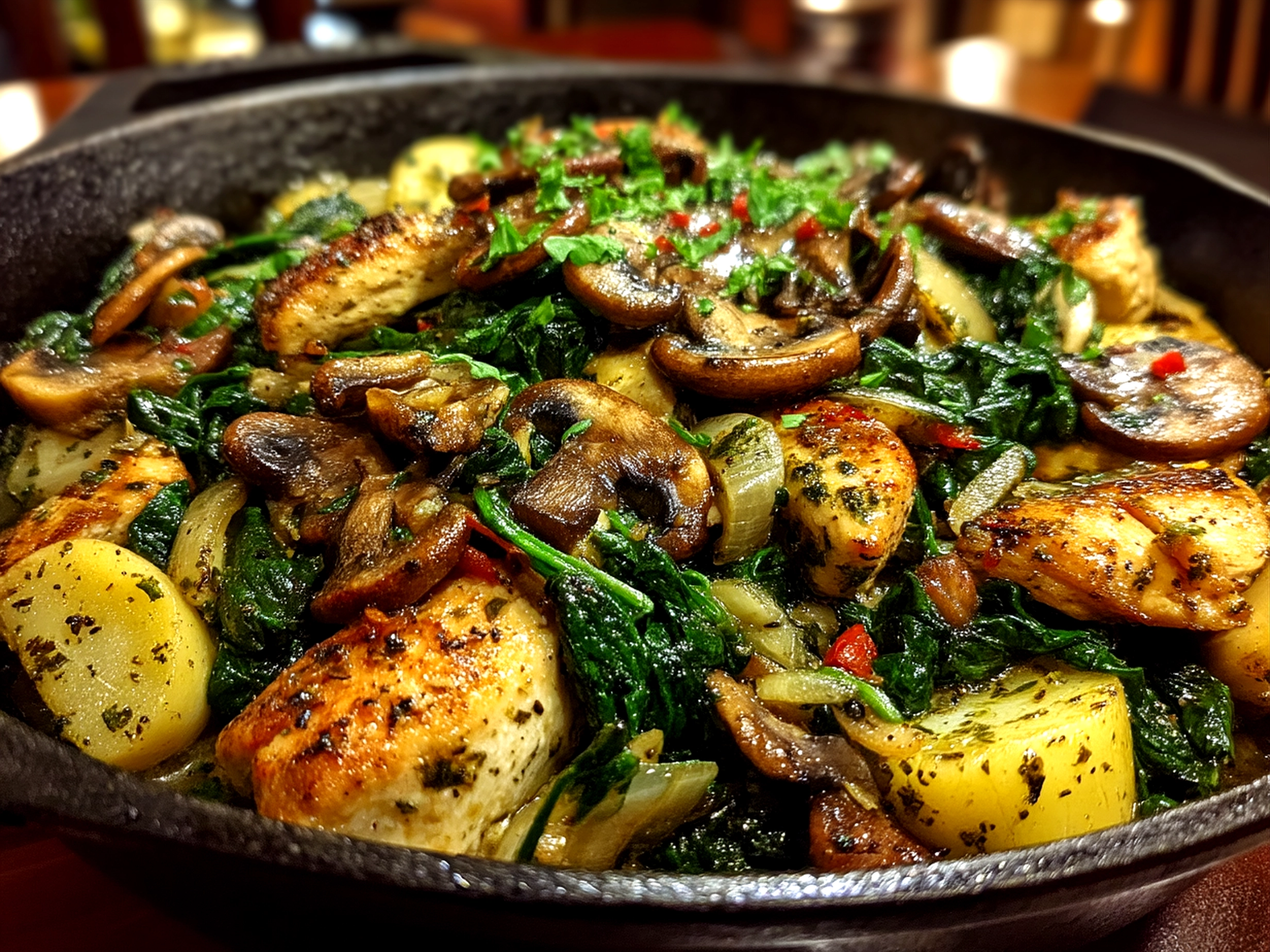 Served Turkey Spinach Mushroom Skillet meal with sides ready to eat