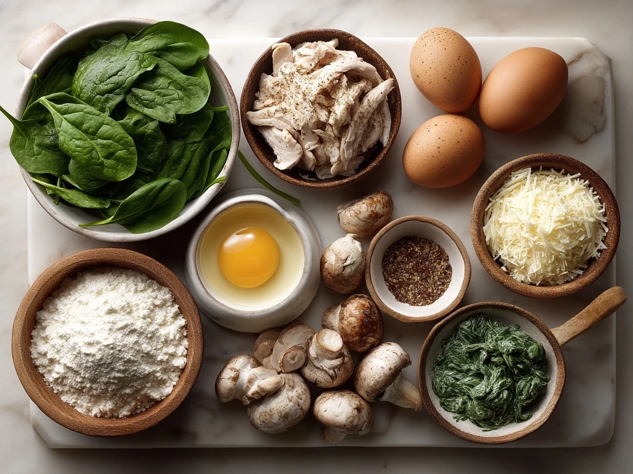 Ingredients for Turkey Spinach Mushroom Skillet including ground turkey, sliced mushrooms, fresh spinach, onion, garlic, olive oil, and chicken broth