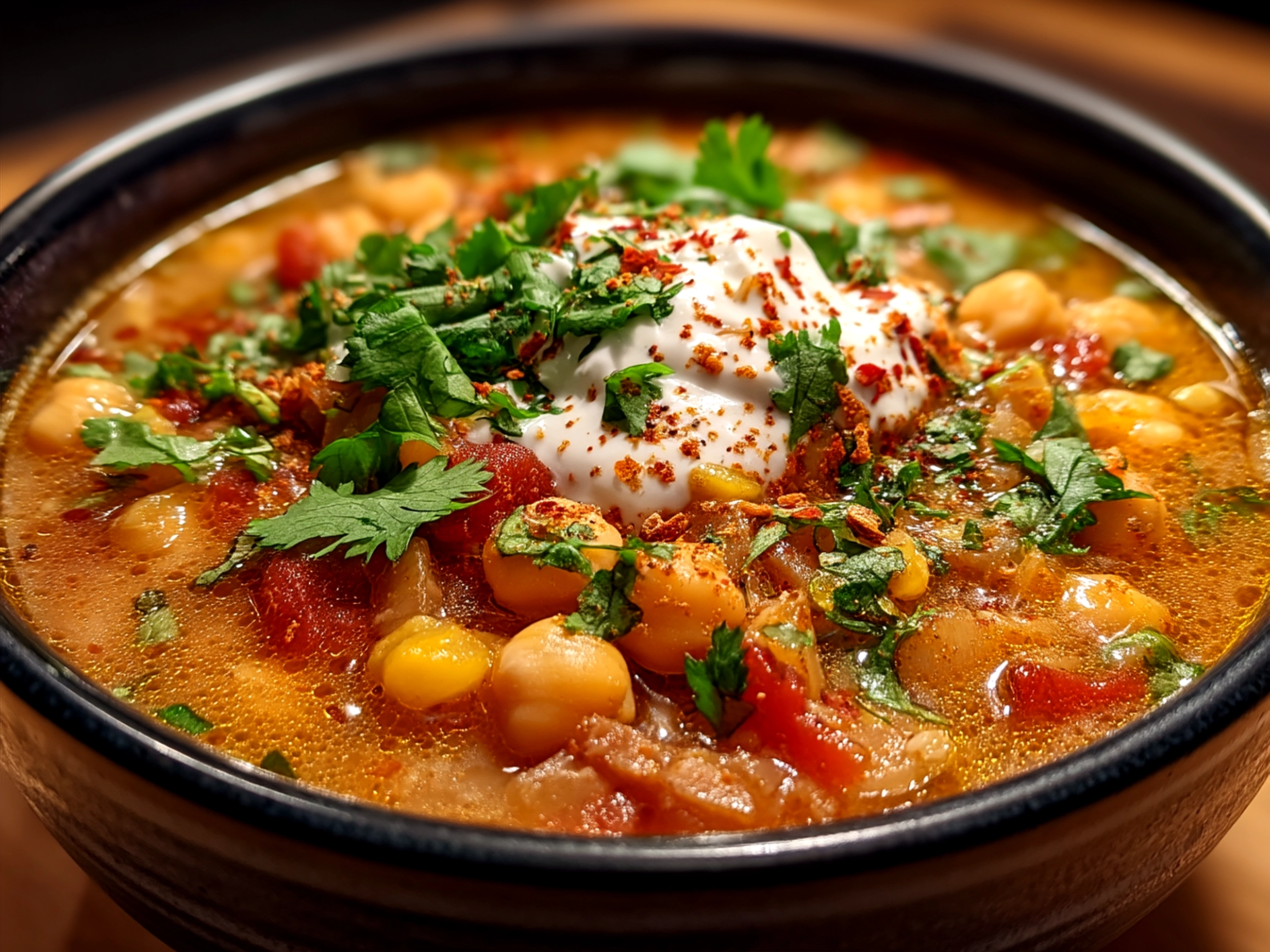 A bowl of Vegan White Chickpea Chili garnished with cilantro and avocado