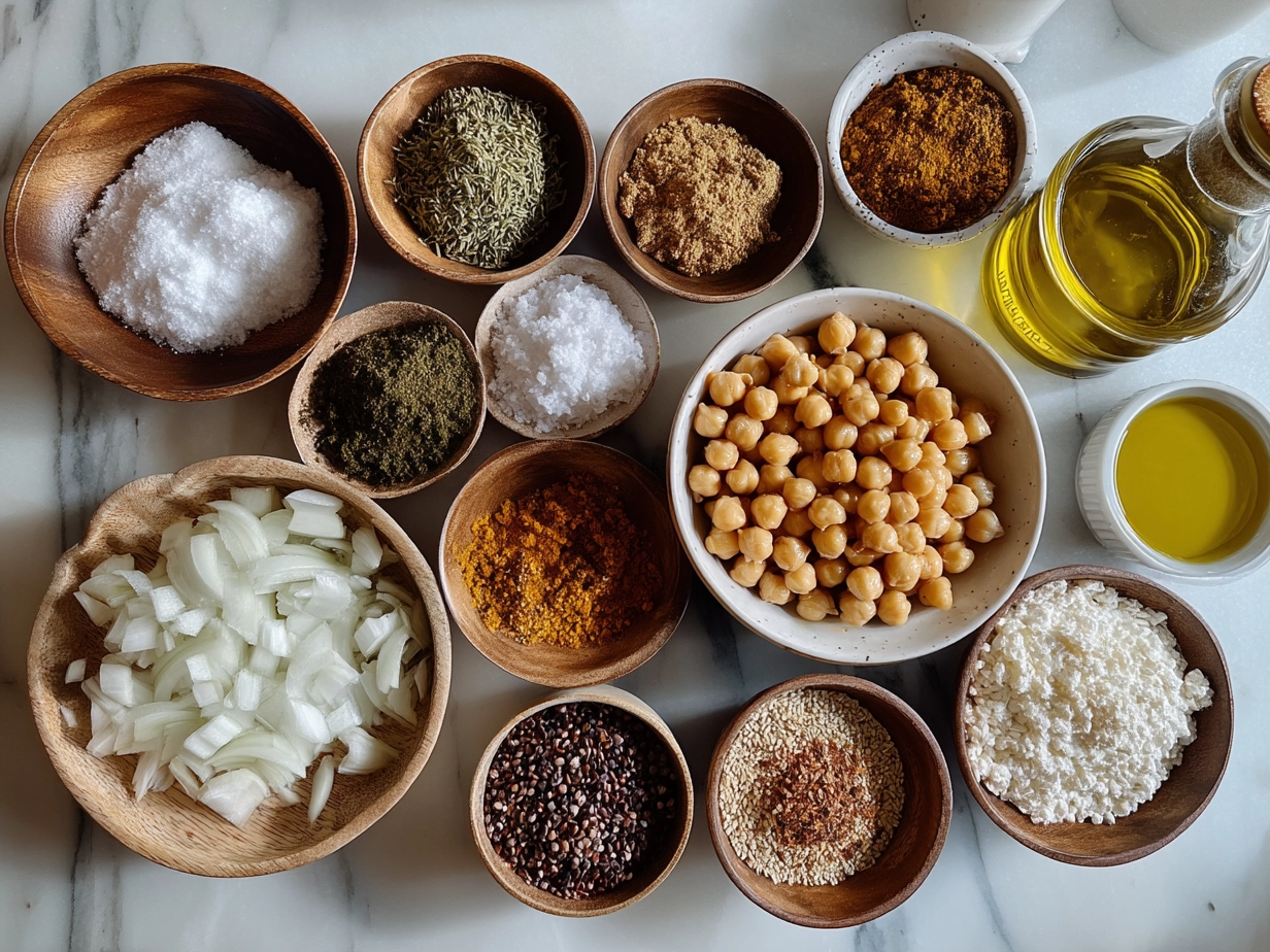 Ingredients laid out for Vegan White Chickpea Chili including olive oil, onions, garlic, chickpeas, spices, and broth