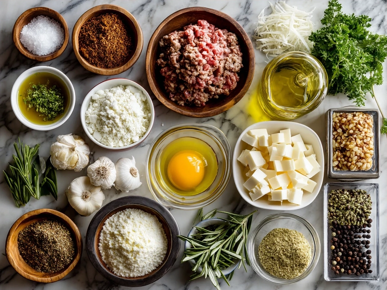 Ingredients laid out for White Bolognese Sauce: ground turkey, olive oil, onion, garlic, carrot, celery, white wine, chicken broth, cream, milk, Parmesan, oregano, salt, and pepper